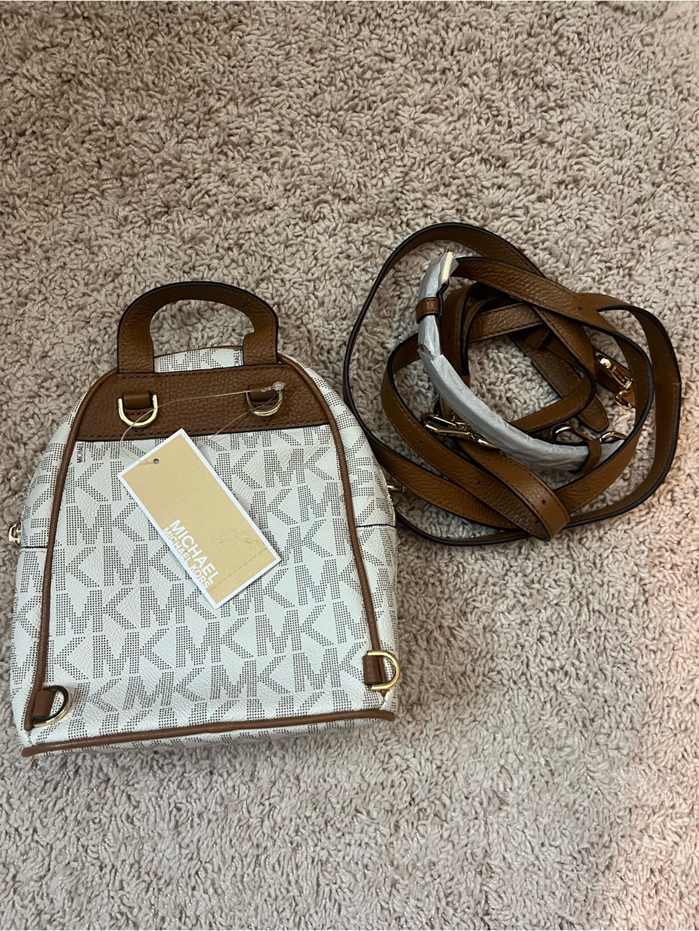 Michael Kors White/Tan MK Logo Mini Backpack with Gold Studs - Picture 4 of 4